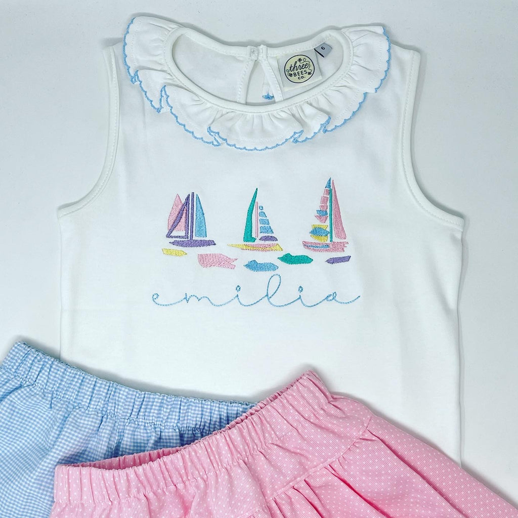 Watercolor Sailboat Girls Embroidered Top