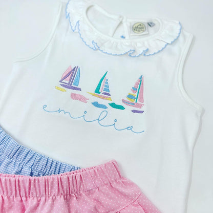 Watercolor Sailboat Girls Embroidered Top