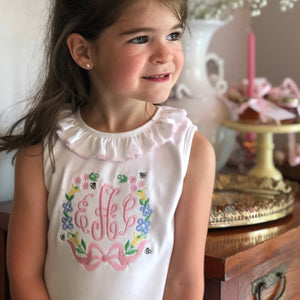 Busy Bee Embroidery Frame on Picot Ruffle Sleeveless Top