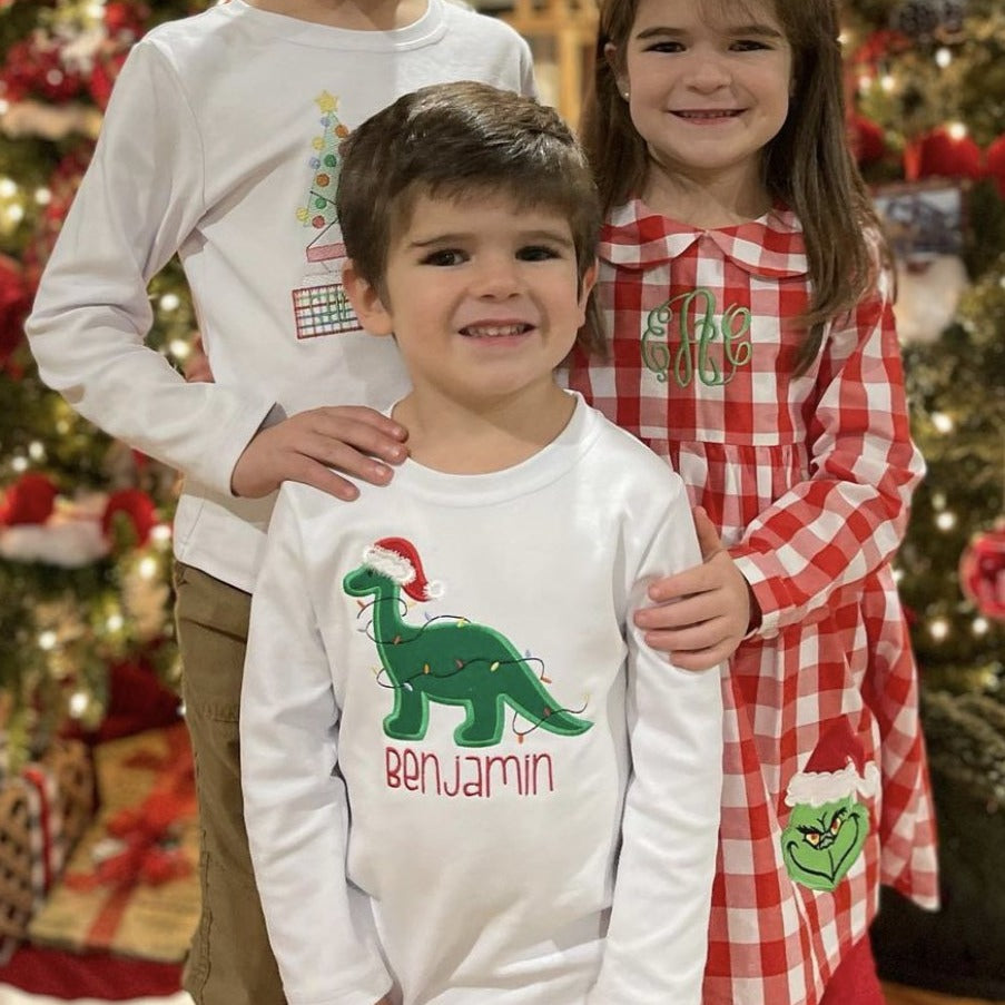 Christmas Dinosaur Applique Boys T-Shirt