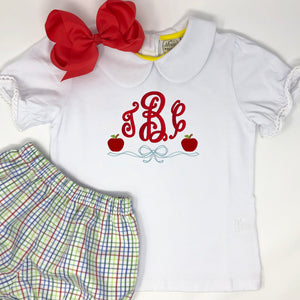 Apple with Bow Monogram Embroidery Girls Top