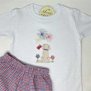 Patriotic Fireworks Watching Pup Boys Embroidery T-Shirt