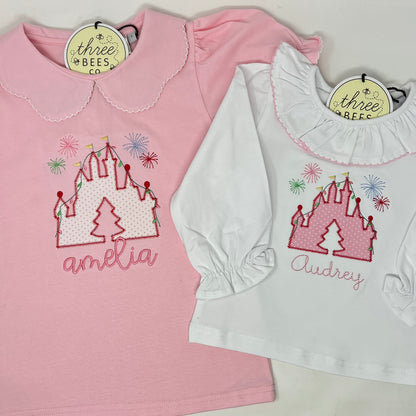 Christmas Castle Applique with Fireworks Girls Top