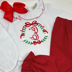 Christmas Wreath Frame with Bows Embroidery Girls Top