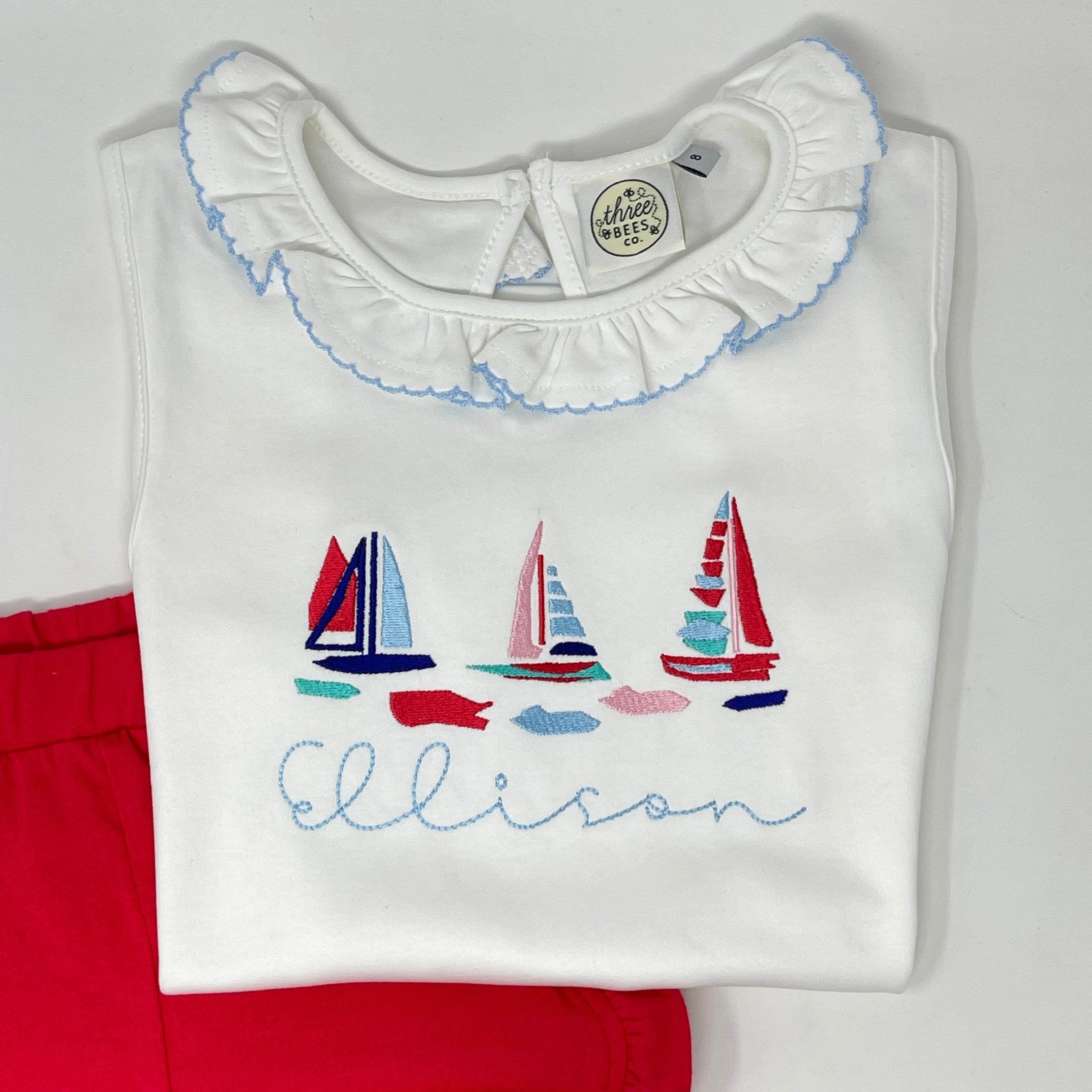 Watercolor Sailboat Girls Embroidered Top