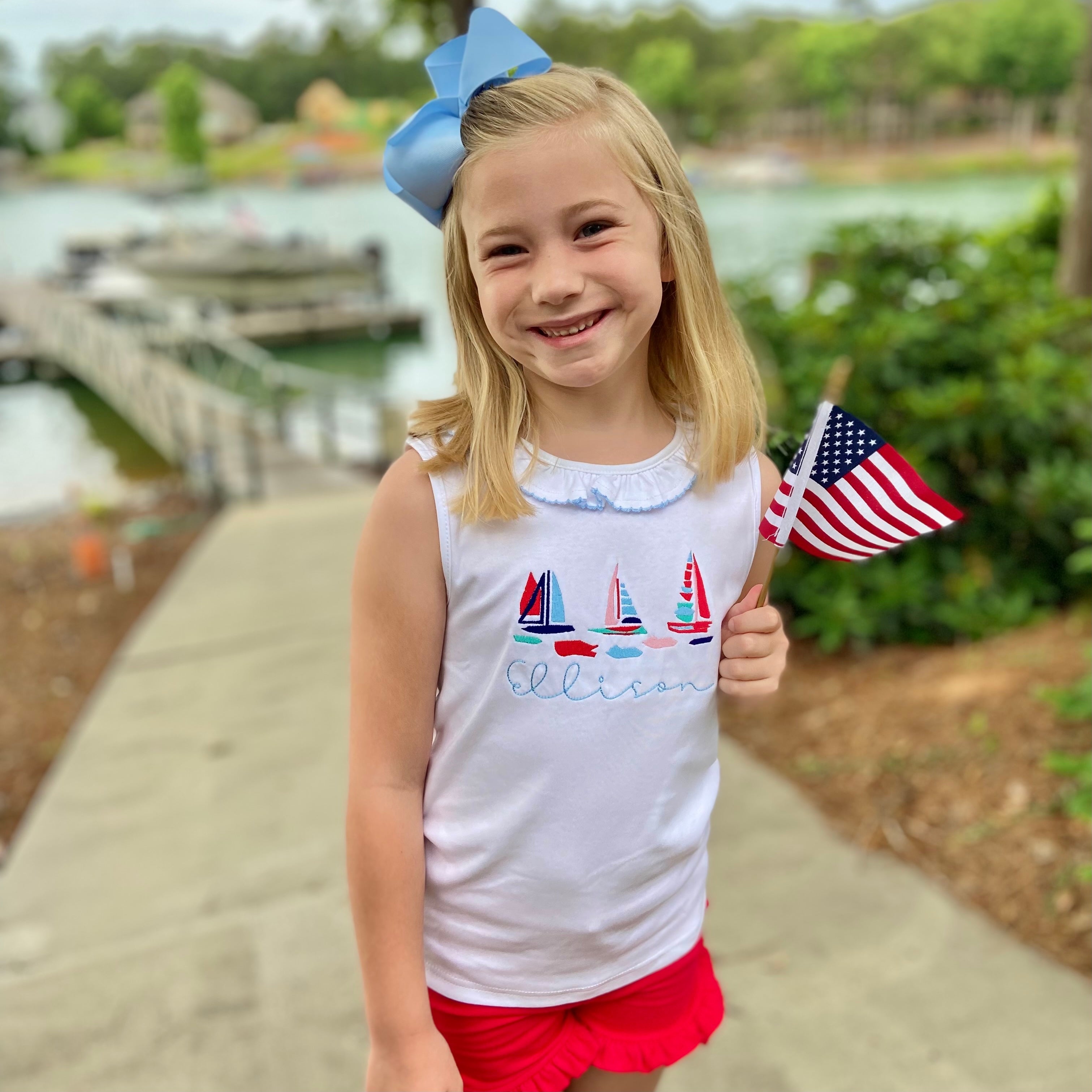 Watercolor Sailboat Girls Embroidered Top
