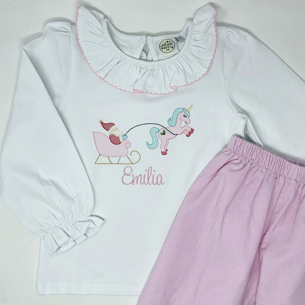 Unicorn Pulling Santa Embroidery Girls Top