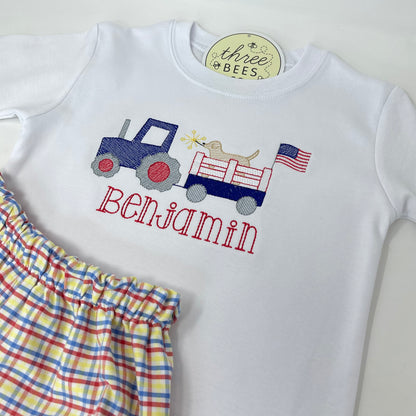 Patriotic Tractor Pup Embroidery T-Shirt