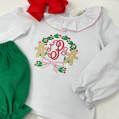 Gingerbread Monogram Frame Embroidery Girls Top