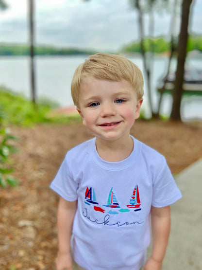 Watercolor Sailboat Boys Embroidered T-Shirt