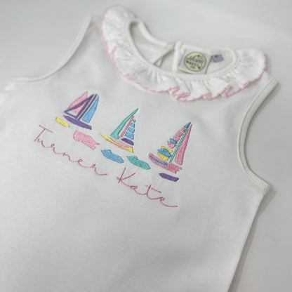 Watercolor Sailboat Girls Embroidered Top