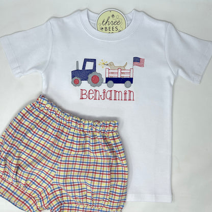 Patriotic Tractor Pup Embroidery T-Shirt