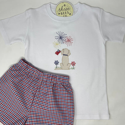 Patriotic Fireworks Watching Pup Boys Embroidery T-Shirt