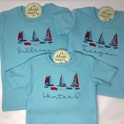Watercolor Sailboat Boys Embroidered T-Shirt