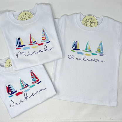 Watercolor Sailboat Boys Embroidered T-Shirt