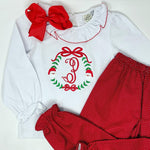 Christmas Wreath Frame with Bows Embroidery Girls Top