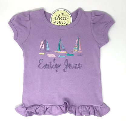 Watercolor Sailboat Girls Embroidered Top