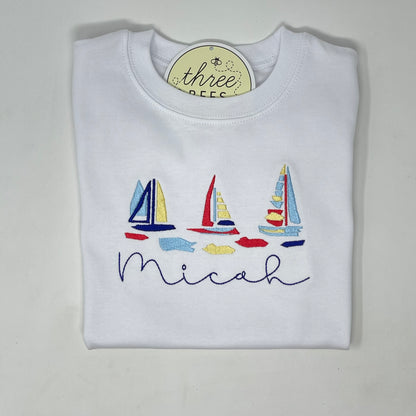 Watercolor Sailboat Boys Embroidered T-Shirt