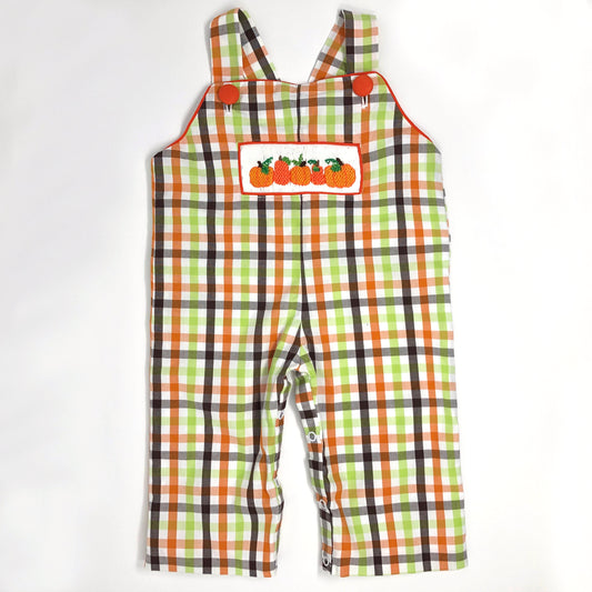 6M Hand Smocked Pumpkin Plaid Overalls